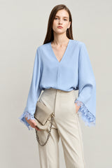 Women's V-Neck Chiffon Blouse - Elegant Lace Cuff Casual Shirt