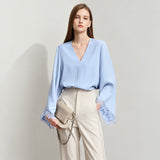 Women's Chiffon Blouse - Elegant V-Neck Lace Cuff Casual Shirt
