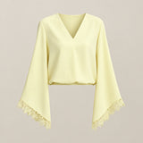 Women's Chiffon V-Neck Blouse - Elegant Lace Cuff Pullover Shirt