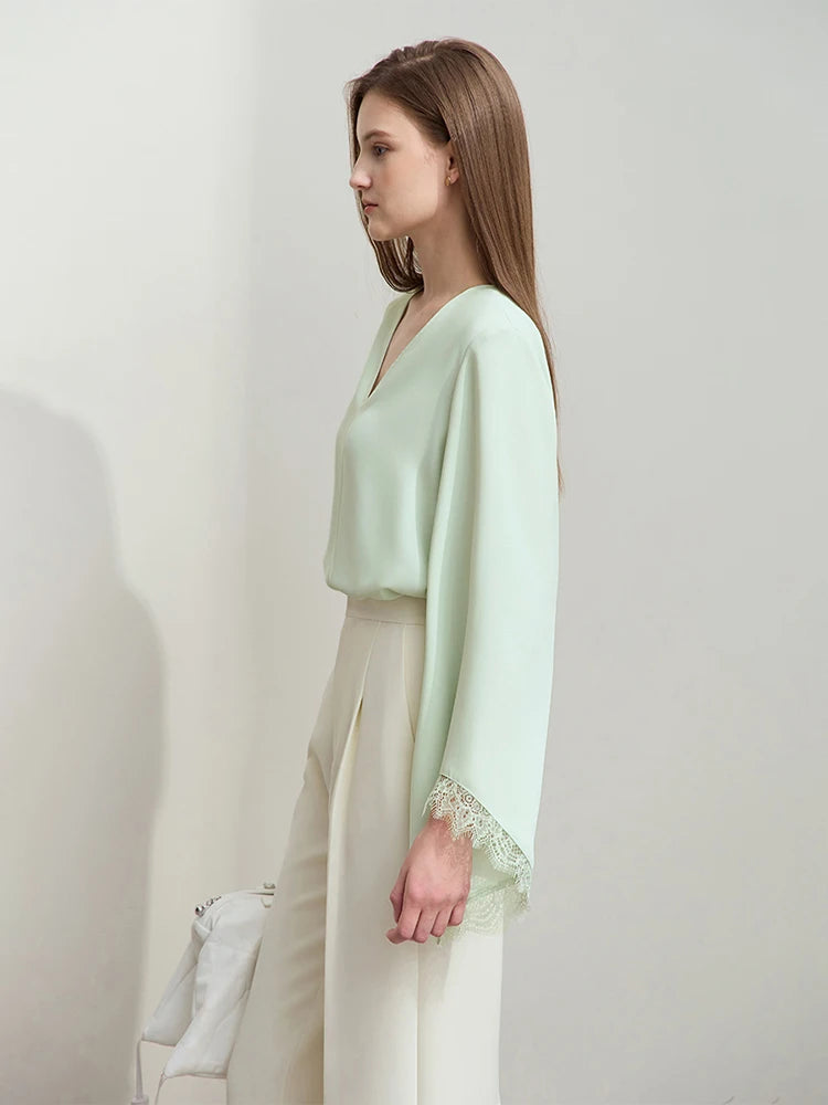 Women's V-Neck Chiffon Blouse - Elegant Lace Cuff Casual Shirt