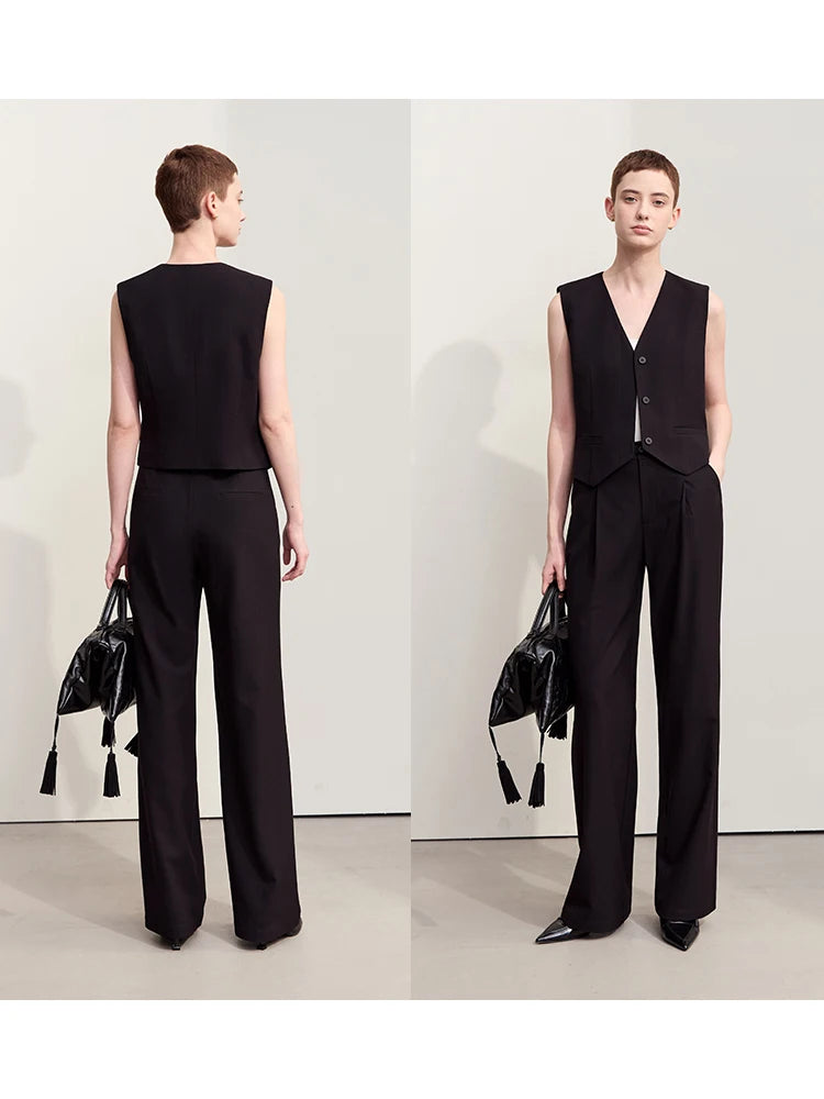 Women's Pleated Wide Leg Pants - Minimalist Belted Casual Trousers