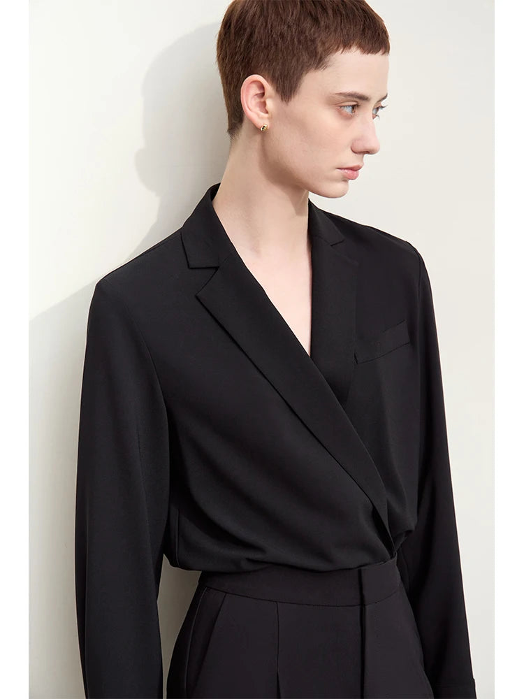 Women's Chiffon Long-Sleeve Shirt - Minimalist Blazer Collar Blouse