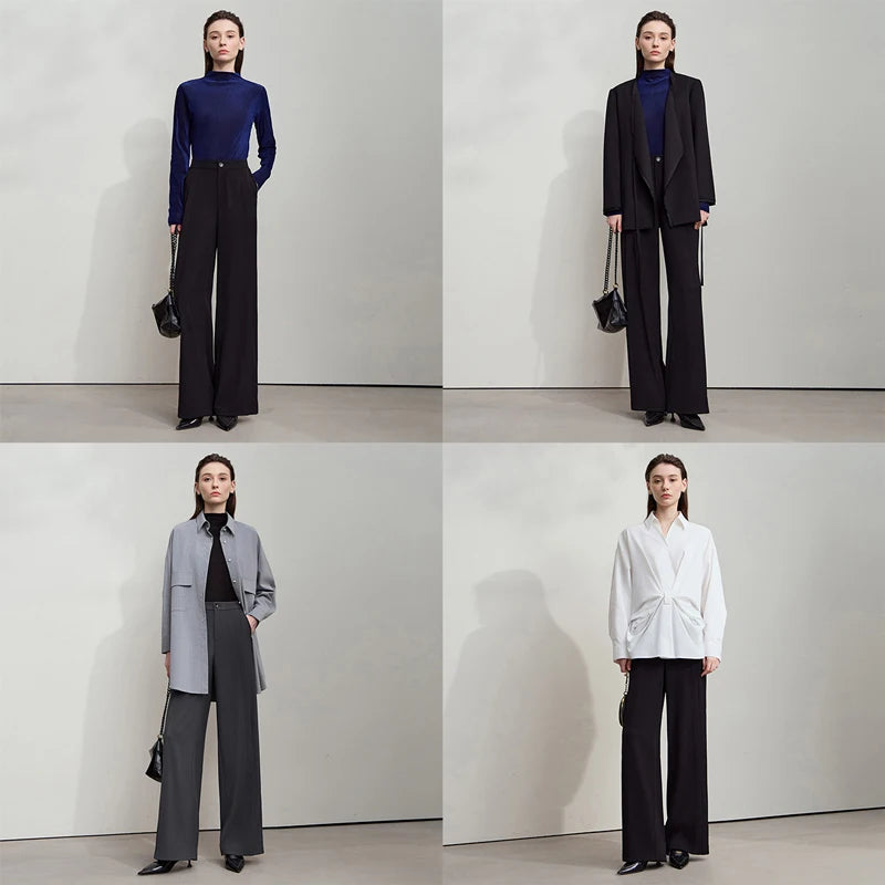 Women's Wide Leg Office Trousers - Minimalist Slim Waist Pants