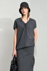 Women's Minimalist Cotton T-Shirt - Adjustable Neckline Summer Top