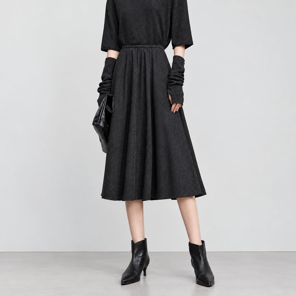 A-Line Midi Skirt - Elegant Office Casual Elastic Waist Skirt