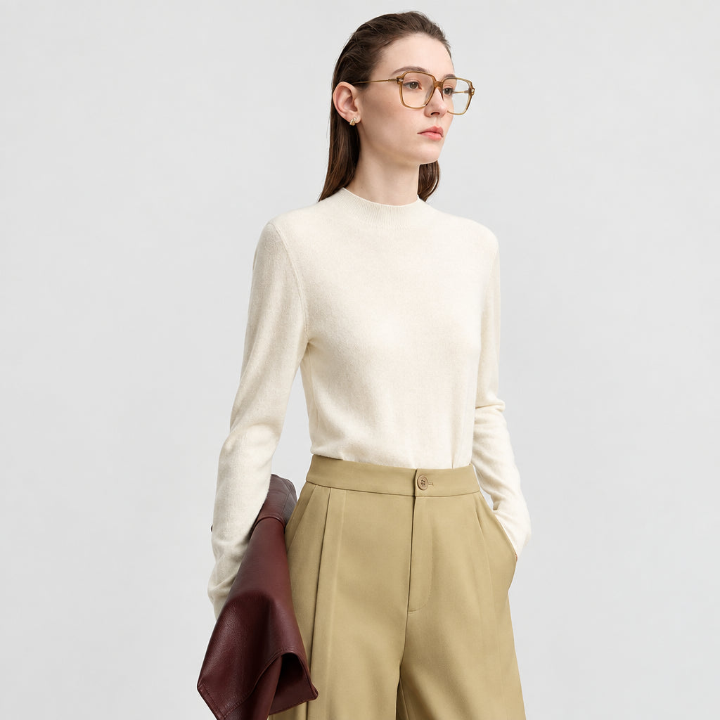 Women's Wool Semi-Turtleneck Sweater - Casual Autumn Pullover