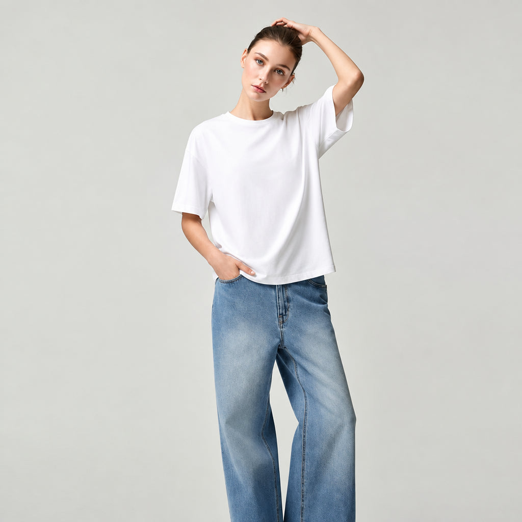 Women's Cotton Letter Print T-Shirt - Loose Drop Shoulder Top