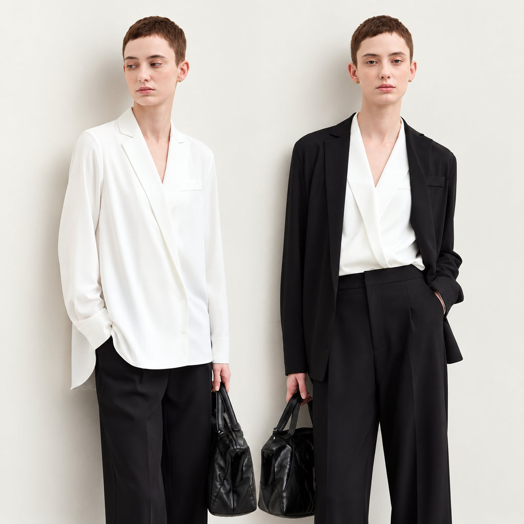 Women's Chiffon Long-Sleeve Shirt - Minimalist Blazer Collar Blouse