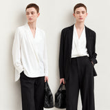 Women's Chiffon Long-Sleeve Shirt - Minimalist Blazer Collar Blouse