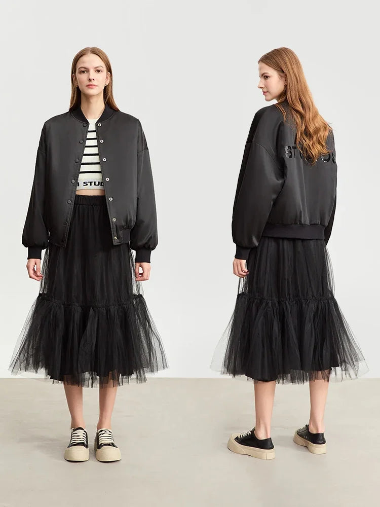 AMII Women's Mesh Pleated Mid-Length Skirt - Romantic Tutu Streetwear