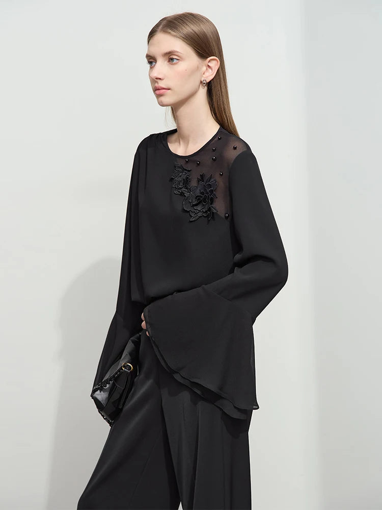 Women's Lace Patchwork Chiffon Blouse - Elegant Ruffled Cuffs