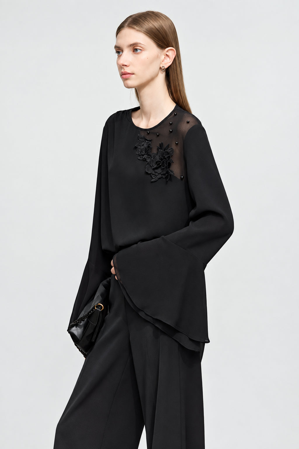Elegant Lace Chiffon Blouse - Ruffled Cuff Autumn Fashion Top