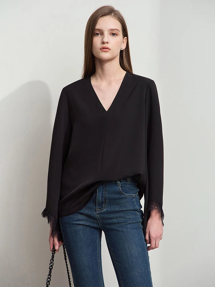 Women's Chiffon Blouse - Elegant V-Neck Lace Cuff Casual Shirt