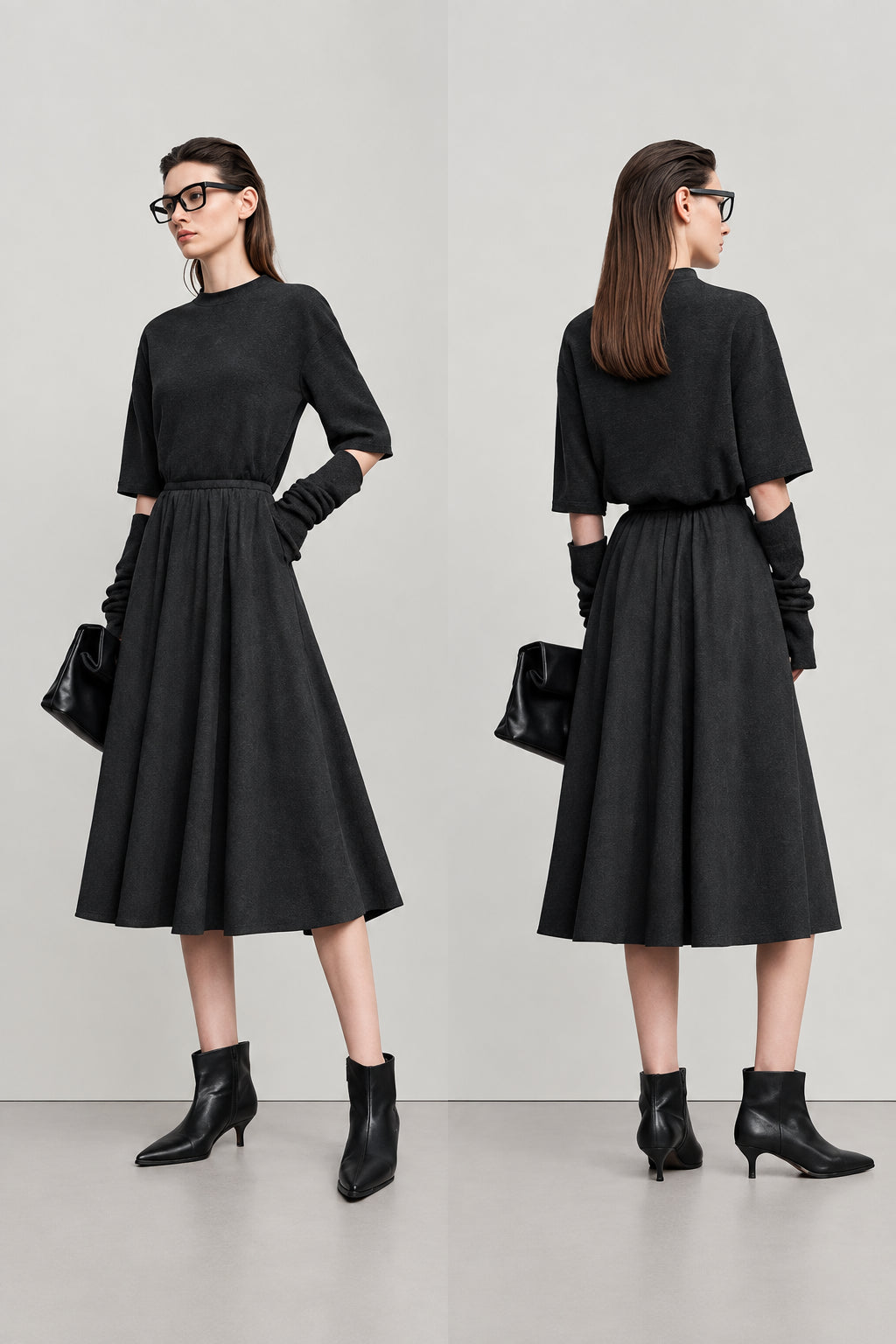 A-Line Midi Skirt - Elegant Office Casual Elastic Waist Skirt