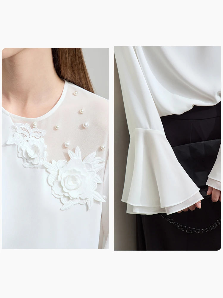 Women's Lace Patchwork Chiffon Blouse - Elegant Ruffled Cuffs