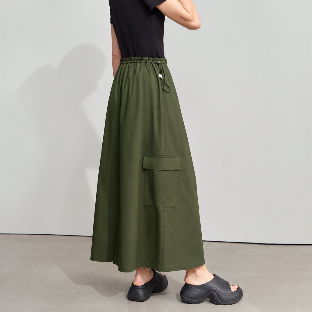 Military Green A-Line Summer Skirt - Pleated Drawstring Casual