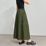 Military Green A-Line Summer Skirt - Pleated Drawstring Casual