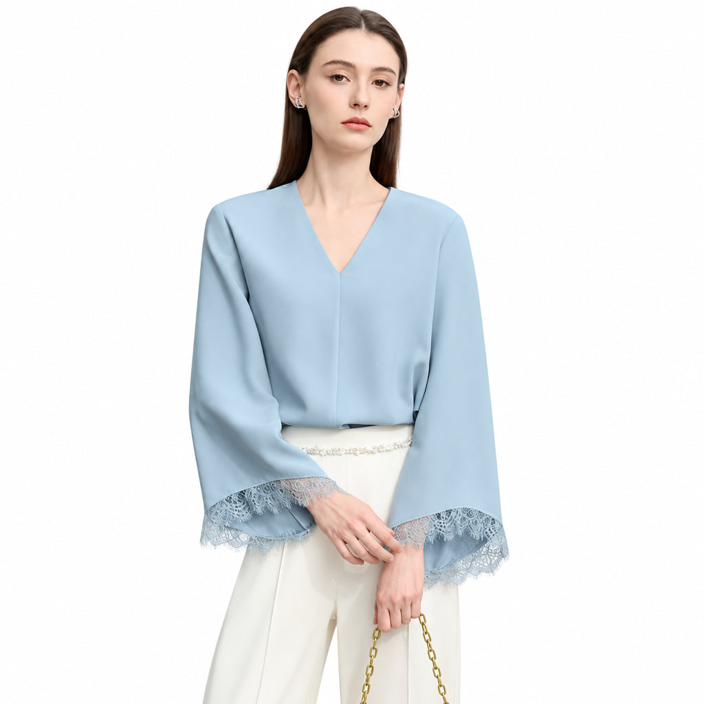 Women's Chiffon V-Neck Blouse - Elegant Lace Cuff Pullover Shirt