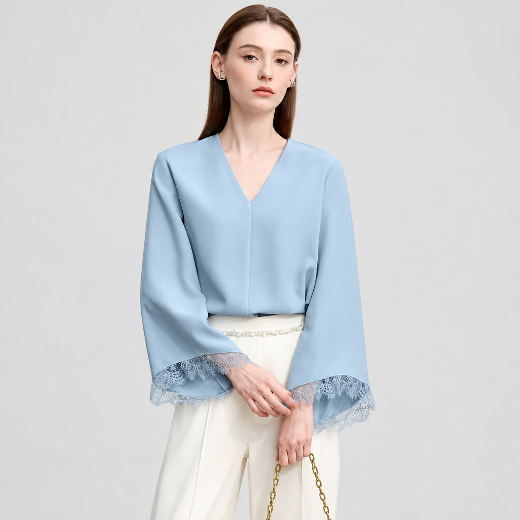 Women's V-Neck Chiffon Blouse - Elegant Lace Cuff Pullover Shirt