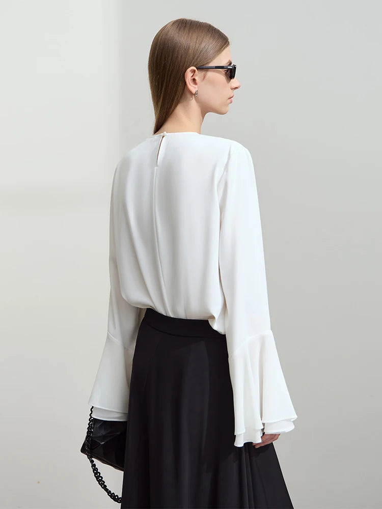 Women's Lace Patchwork Chiffon Blouse - Elegant Ruffled Cuffs
