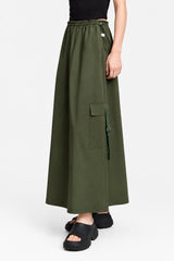 Military Green A-Line Summer Skirt - Pleated Drawstring Casual