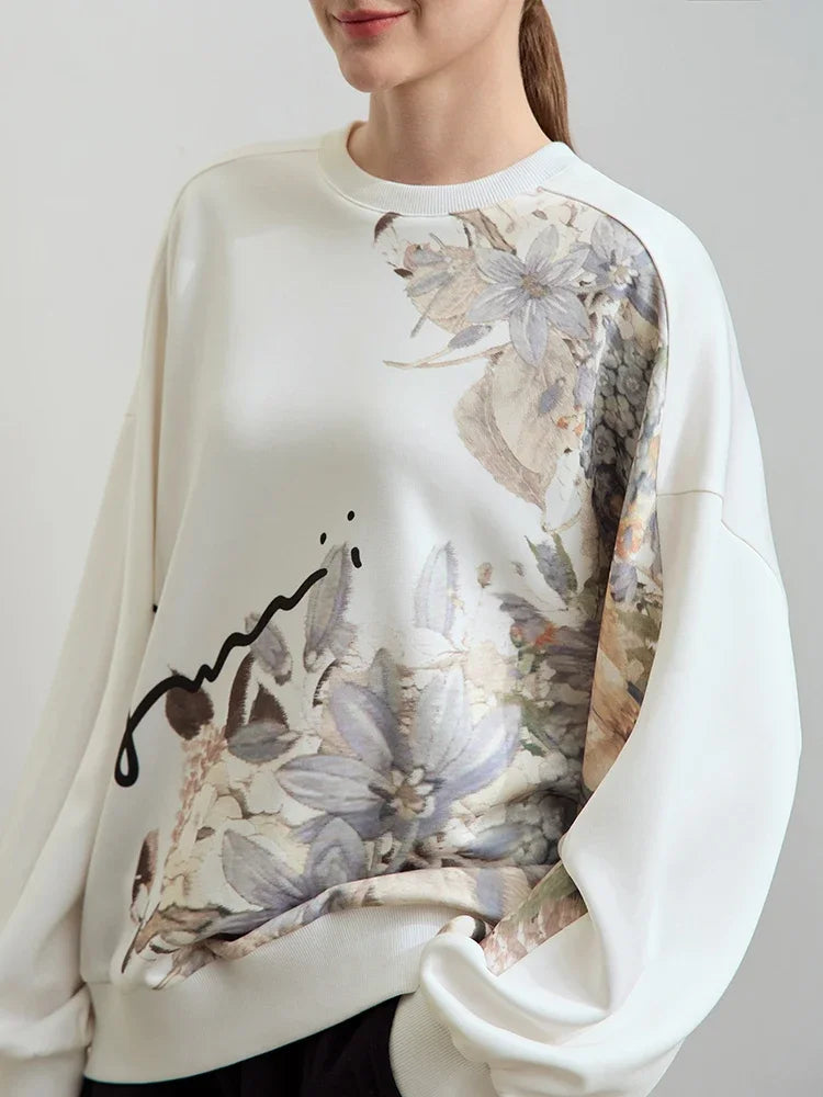Women's Oversized Floral Letter Print Pullover - Minimalist Crew Neck