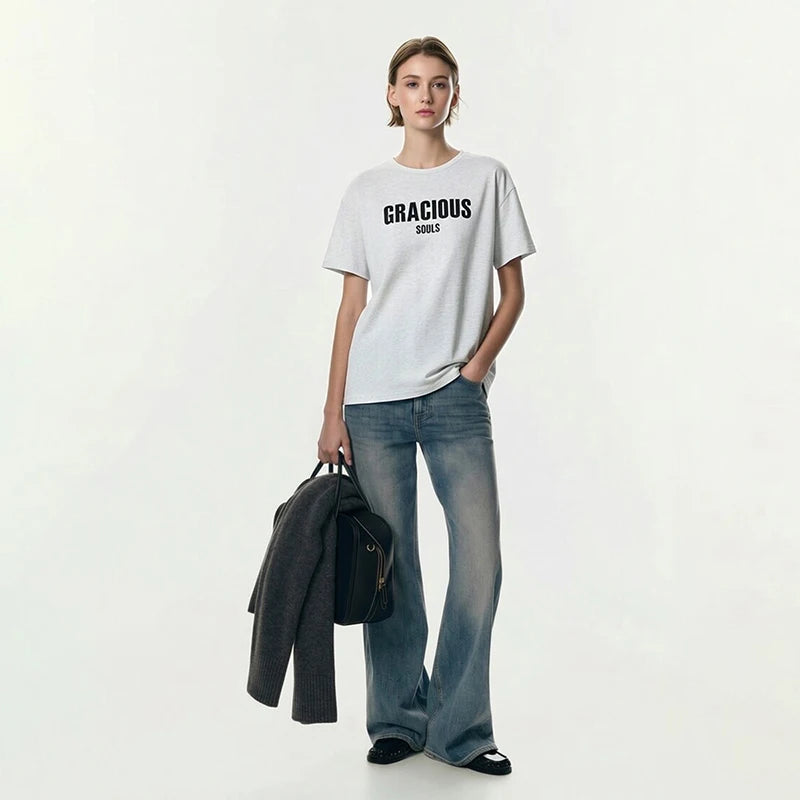 Women's Cotton Letter Print T-Shirt - Loose Drop Shoulder Top