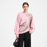 Women's Oversized Floral Letter Print Pullover - Minimalist Crew Neck