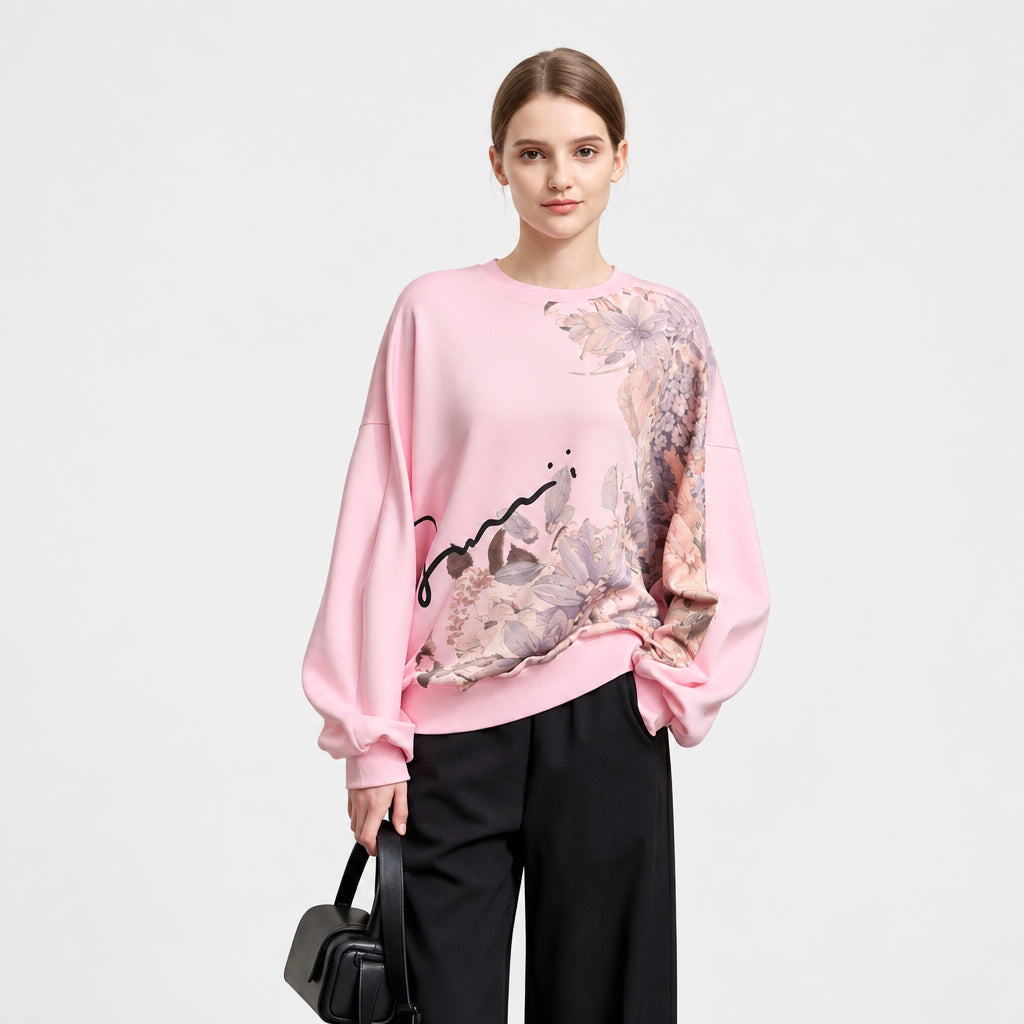 Women's Oversized Floral Letter Print Crew Neck Pullover Sweater