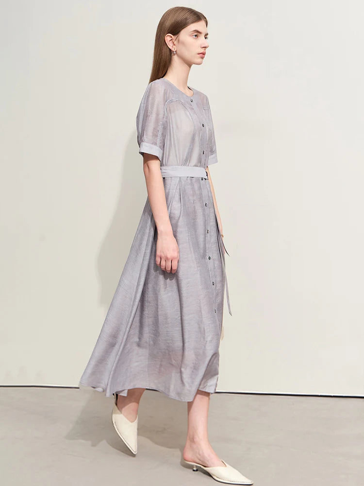 Women's Elegant Jacquard Belted Long Dress - Minimalist Summer Style