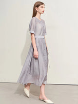 Women's Elegant Jacquard Belted Long Dress - Minimalist Summer Style