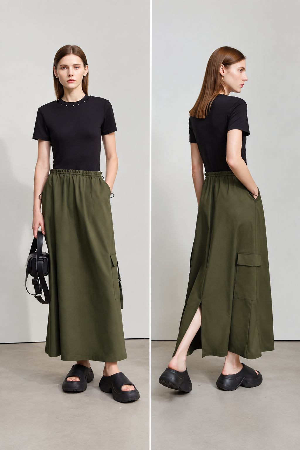 Women's Military Green A-Line Pleated Skirt - Casual Summer Style