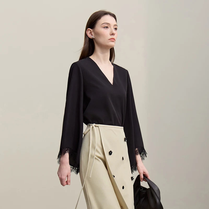 Women's V-Neck Chiffon Blouse - Elegant Lace Cuff Pullover Shirt