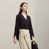 Women's V-Neck Chiffon Blouse - Elegant Lace Cuff Pullover Shirt