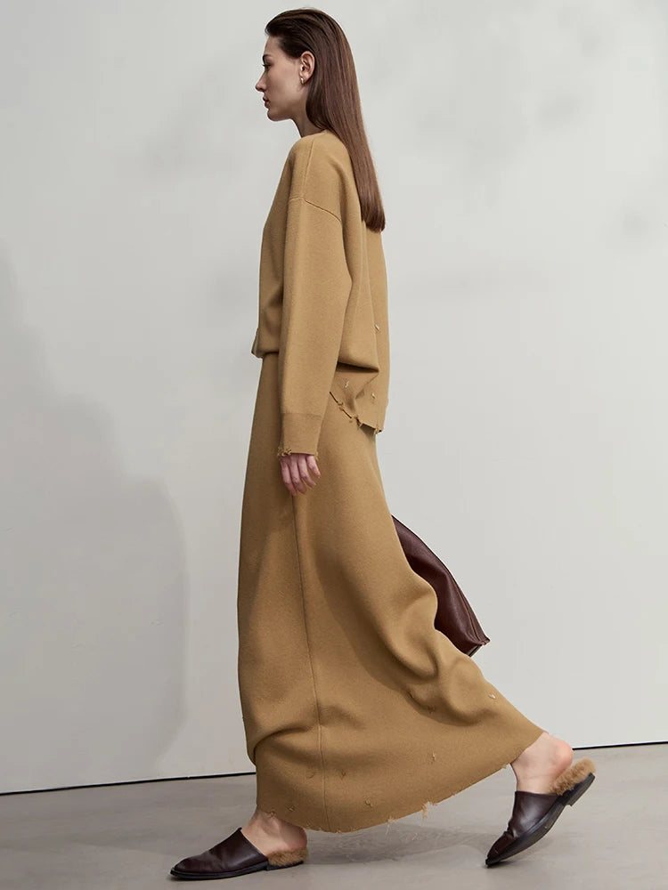 Women's Minimalist Knitted Sweater and Skirt Set - Autumn Casual