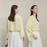 Women's Chiffon V-Neck Blouse - Elegant Lace Cuff Pullover Shirt