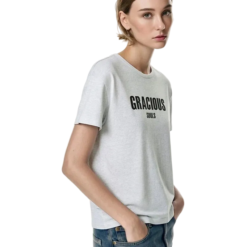 Women's Cotton Letter Print T-Shirt - Loose Drop Shoulder Top