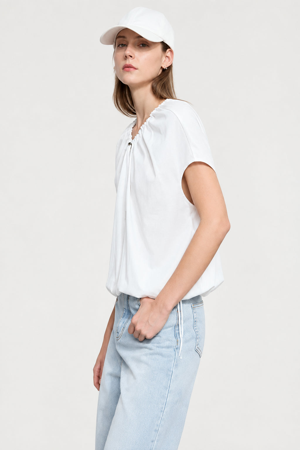 Women's Minimalist Cotton T-Shirt - Adjustable Neckline Summer Top