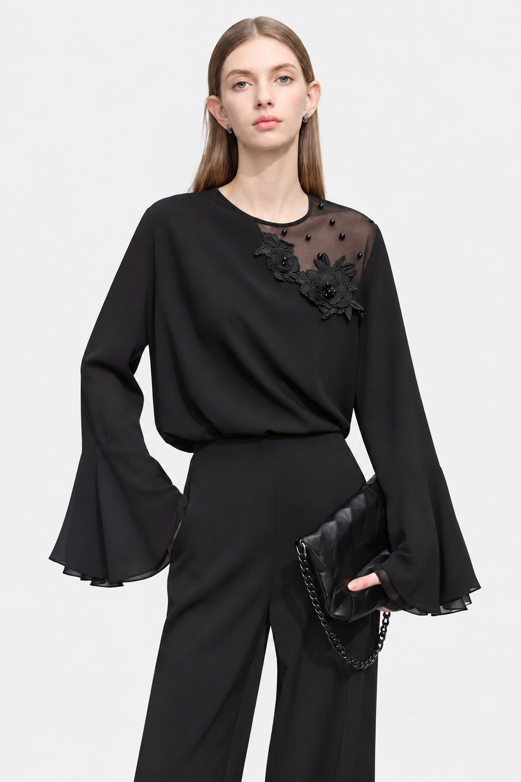 Women's Lace Patchwork Chiffon Blouse - Elegant Ruffled Cuffs