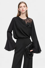 Women's Lace Patchwork Chiffon Blouse - Elegant Ruffled Cuffs