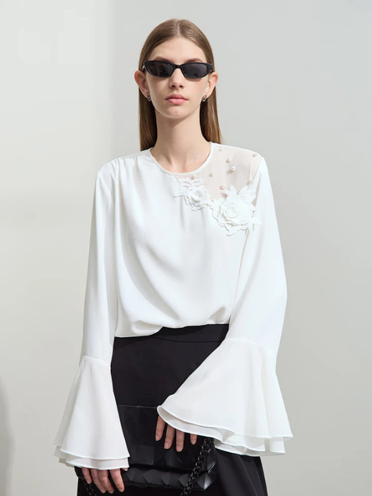 Women's Lace Patchwork Chiffon Blouse - Elegant Ruffled Cuffs