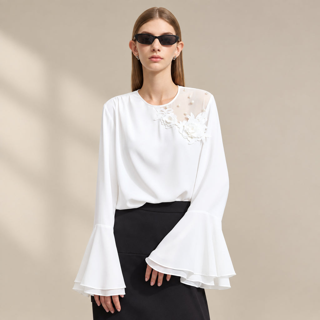 Elegant Lace Chiffon Blouse - Ruffled Cuff Autumn Fashion Top
