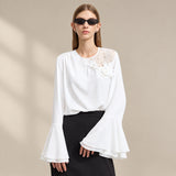 Elegant Lace Chiffon Blouse - Ruffled Cuff Autumn Fashion Top