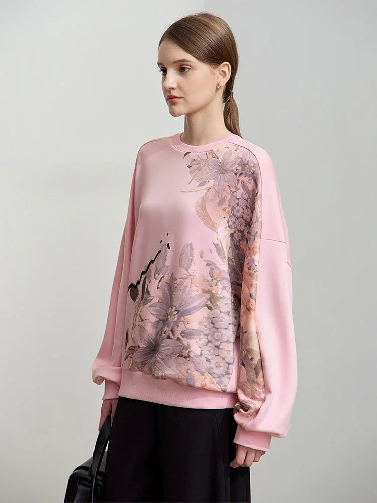 Women's Oversized Floral Letter Print Crew Neck Pullover Sweater