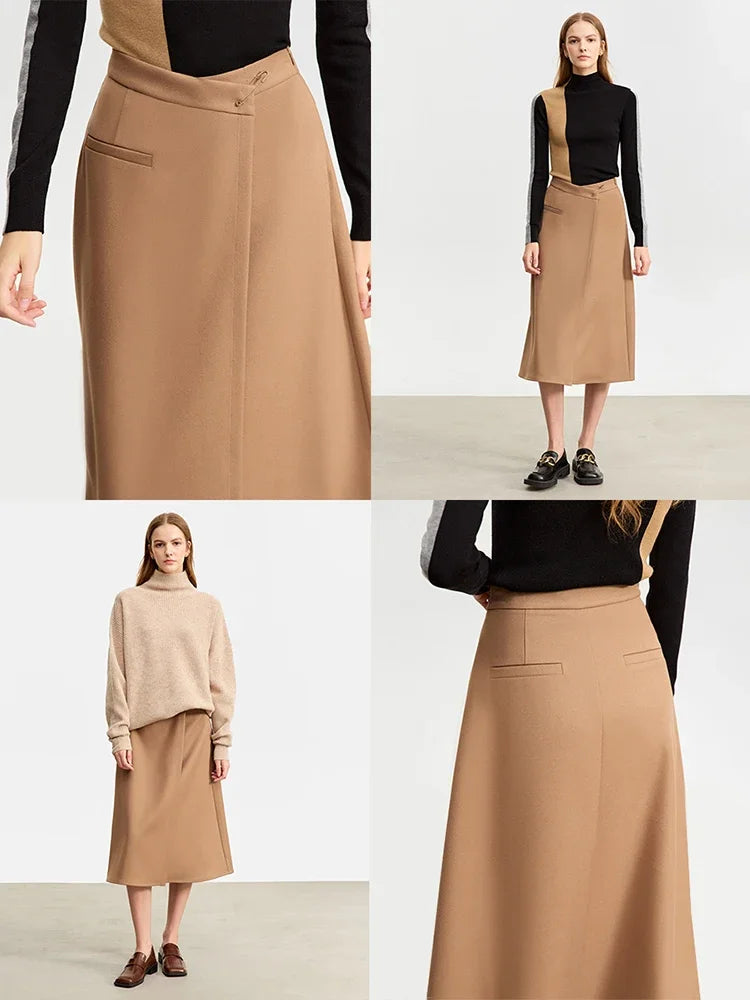 Women's Minimalist A-Line Midi Skirt with Pockets - Office Wear