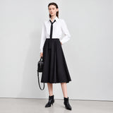 A-Line Midi Skirt - Elegant Office Casual Elastic Waist Skirt