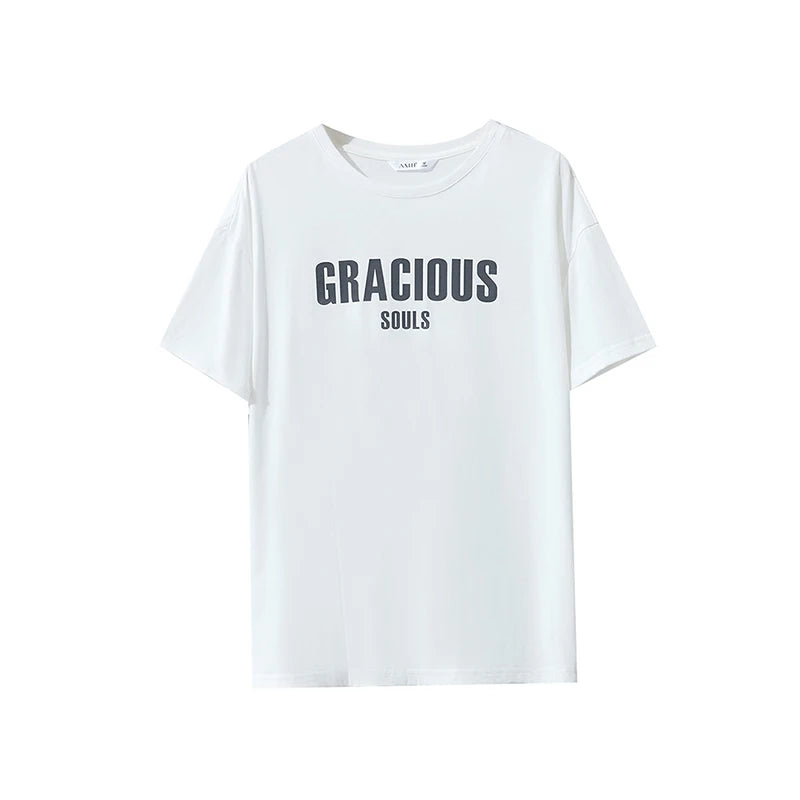 Women's Cotton Letter Print T-Shirt - Loose Fit Summer Tee