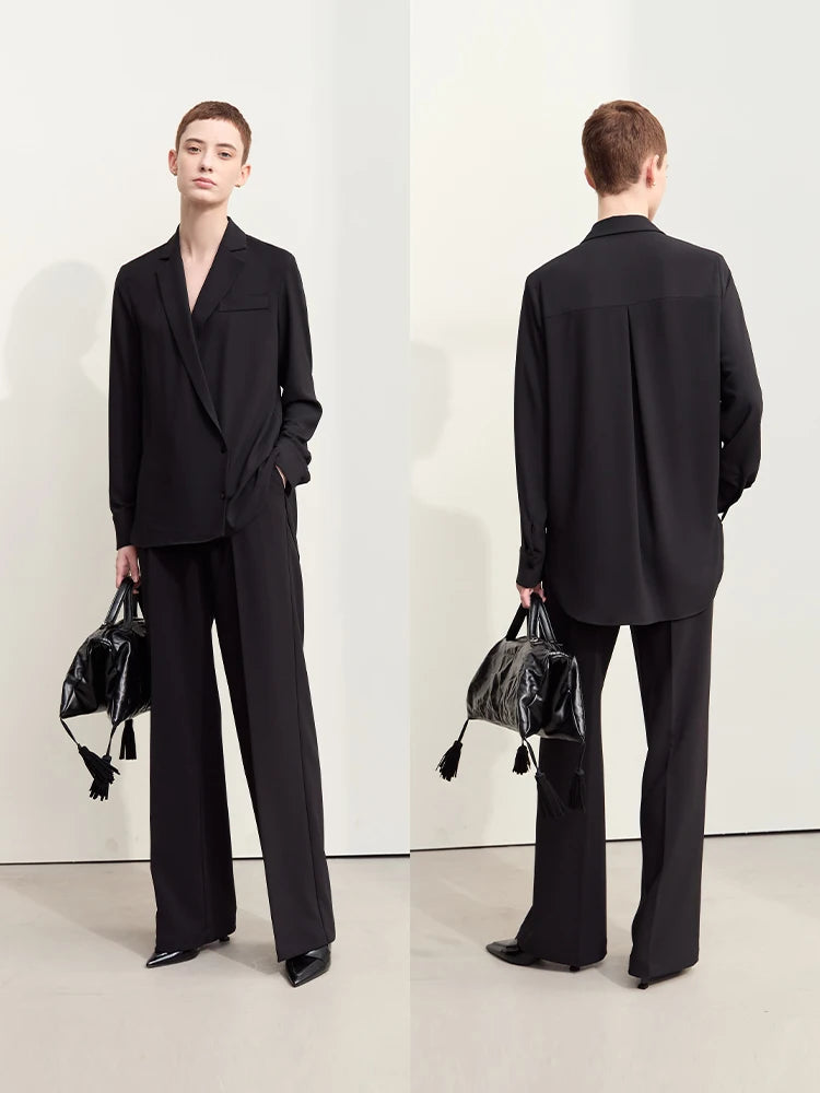 Women's Chiffon Long-Sleeve Shirt - Minimalist Blazer Collar Blouse