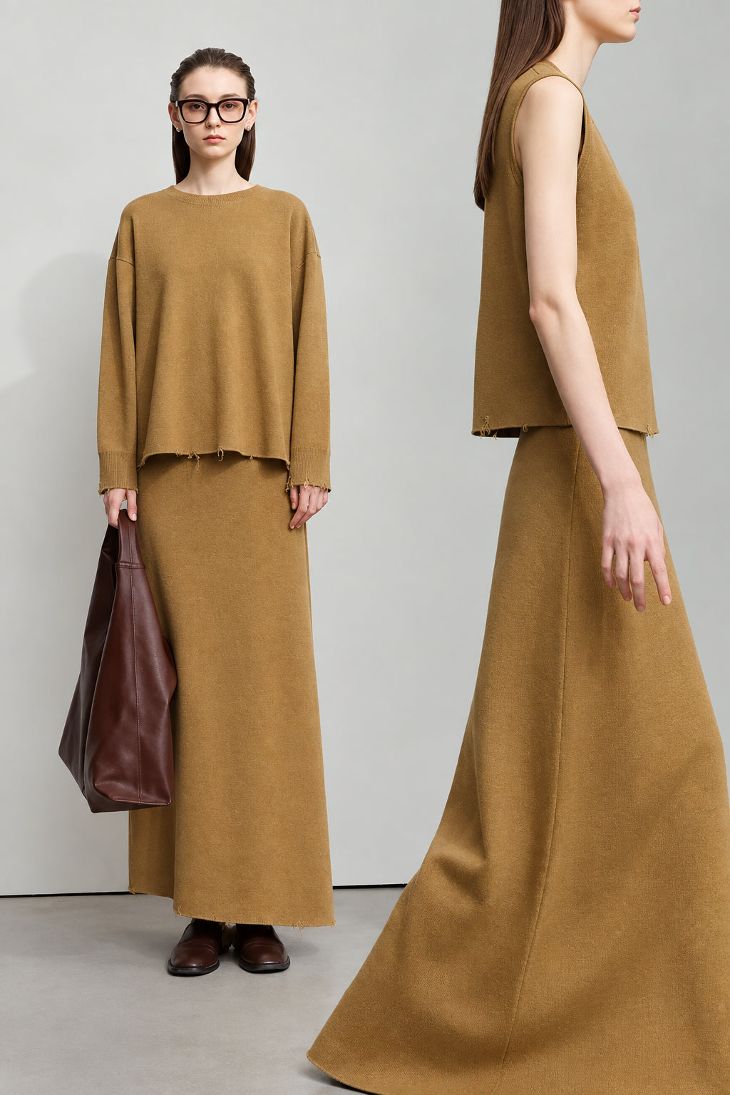 Women's Minimalist Knitted Sweater and Skirt Set - Autumn Casual