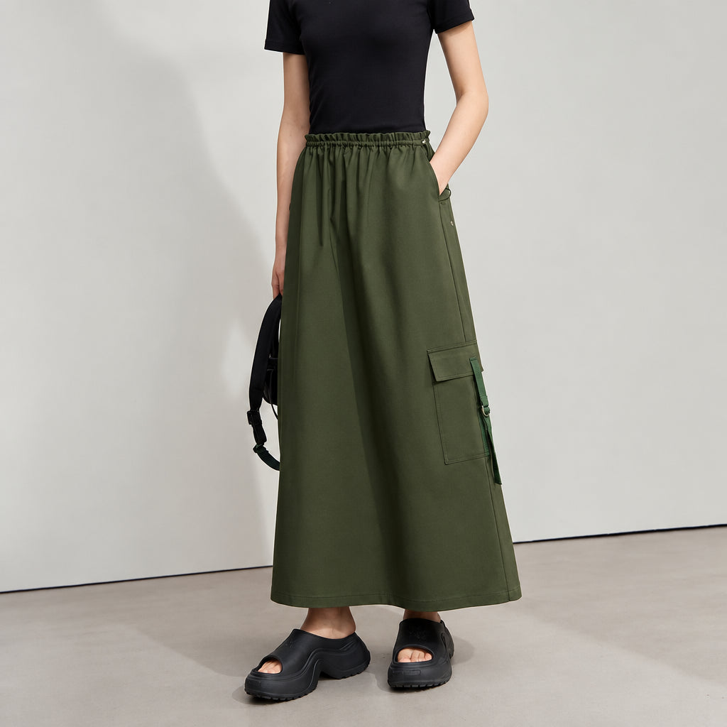 Military Green A-Line Summer Skirt - Pleated Drawstring Casual